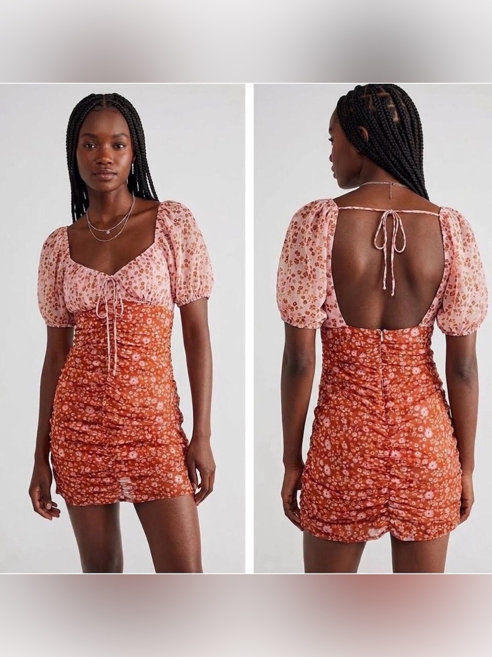 Free People Two-Tone Floral Puff Sleeve Midi Dress - Pink & Brown
